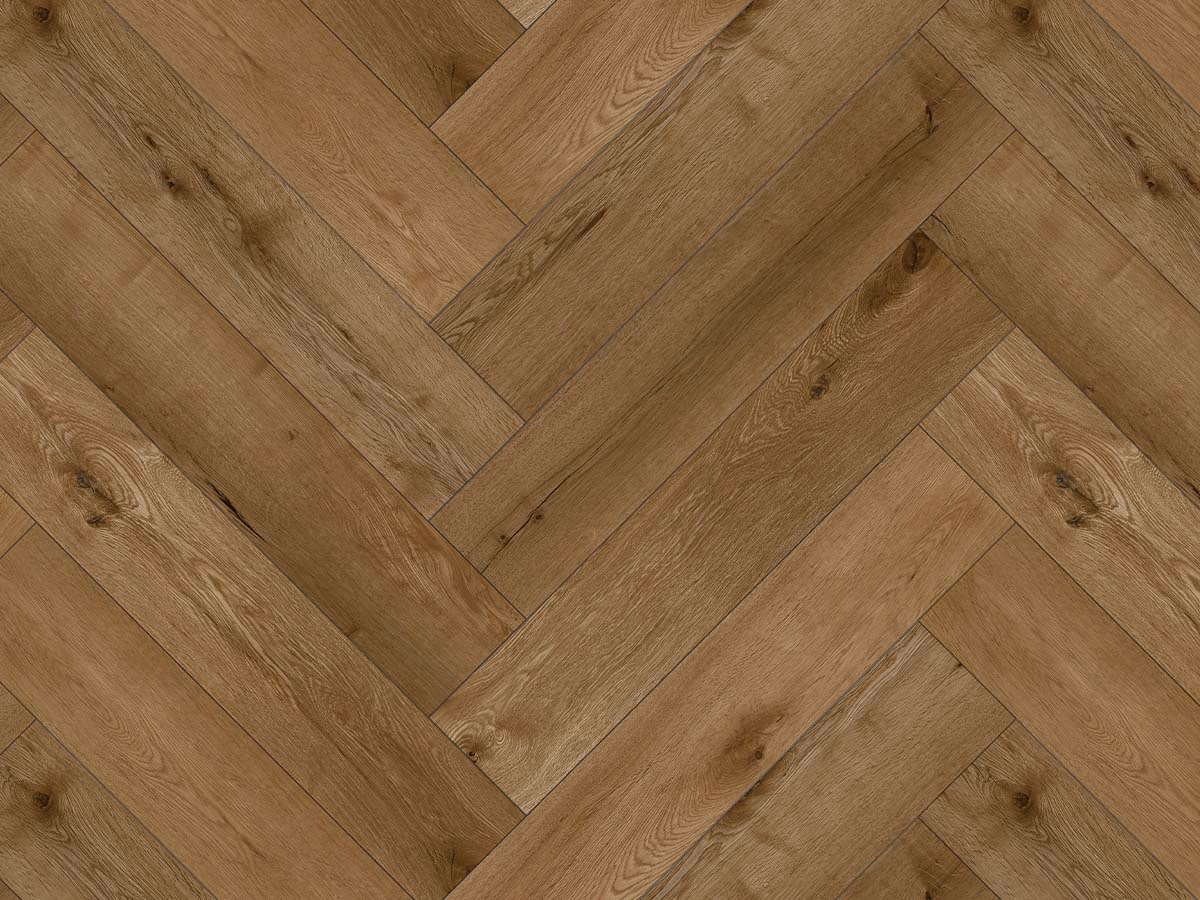 Amber Oak Visgraat Click — warm bruin