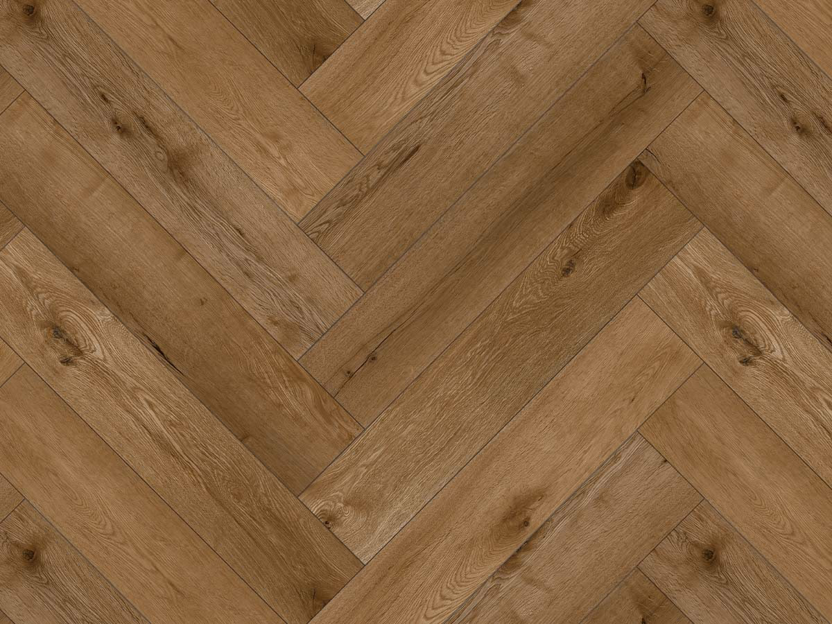 Amber Oak Visgraat Click — warm bruin